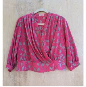 Vintage cropped wrap long sleeve pink grey floral leaf blouse medium